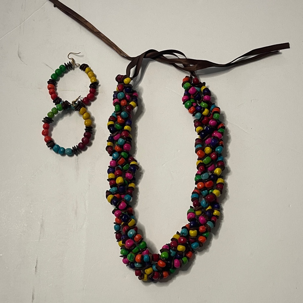 Handmade Multicolor Beaded Necklace and Hoop Earrings Set